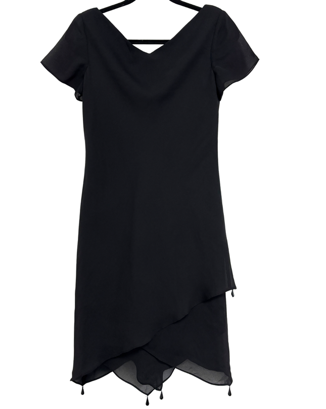 VIRGO PETITE Black Handkerchief Beaded Trim LBD Hem Dress