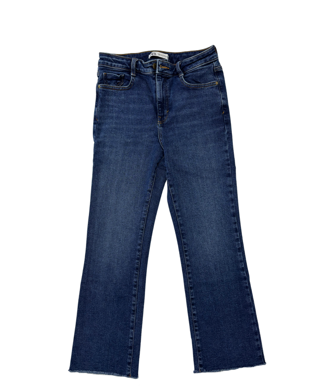 Zara Dark Wash Raw Hem Denim Wide Leg Jeans - S | Waist: 28"