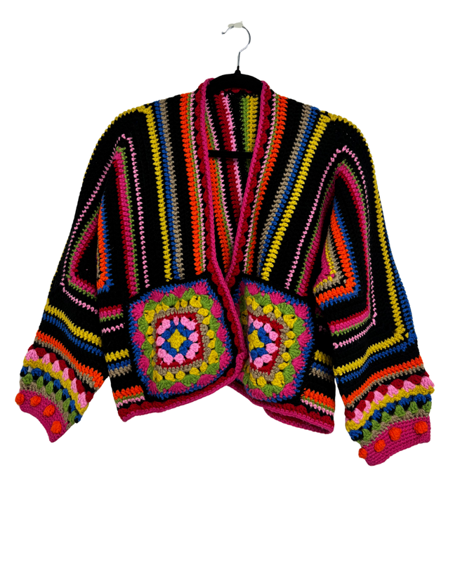 Handmade Multicolor Crochet Granny Square Boho Vintage Style Cardigan – XL