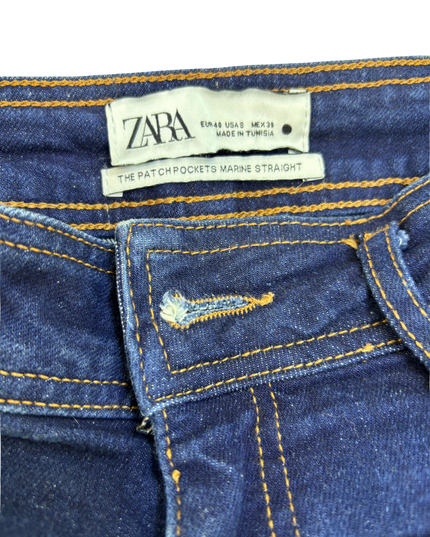 ZARA Patch Pockets Marine Straight Raw Hem Denim Jeans - S
