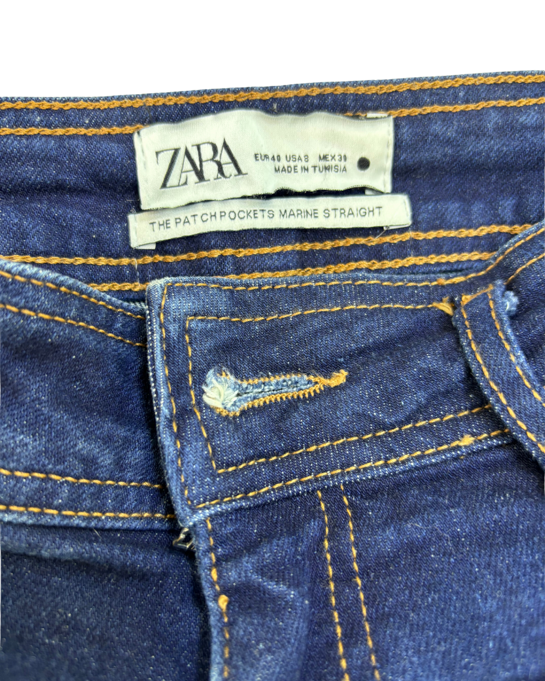 ZARA Patch Pockets Marine Straight Raw Hem Denim Jeans - S