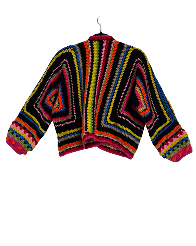 Handmade Multicolor Crochet Granny Square Boho Vintage Style Cardigan – XL