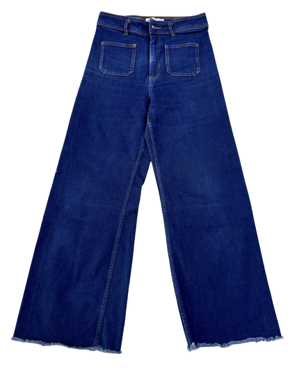ZARA Patch Pockets Marine Straight Raw Hem Denim Jeans - S