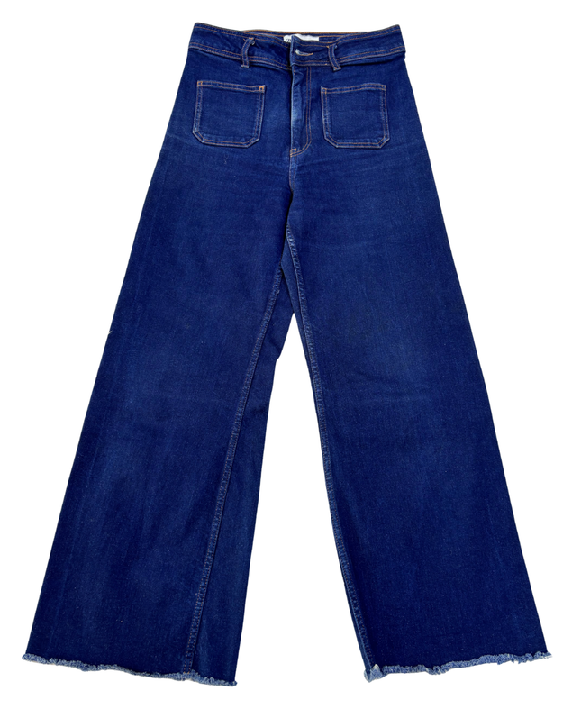 ZARA Patch Pockets Marine Straight Raw Hem Denim Jeans - S