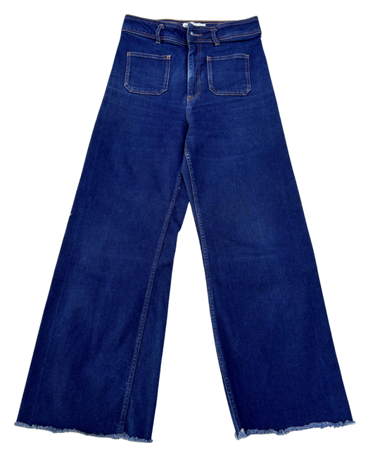 ZARA Patch Pockets Marine Straight Raw Hem Denim Jeans - S