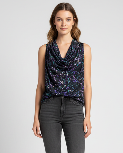 Guess Los Angeles Black Cowl Neck Sleeveless Printed Blouse