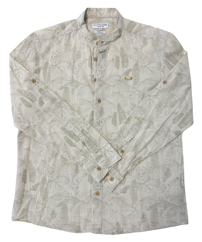 U.S. Polo Assn. Regular Fit Beige Tropical Print Long Sleeve Banded Collar Shirt
