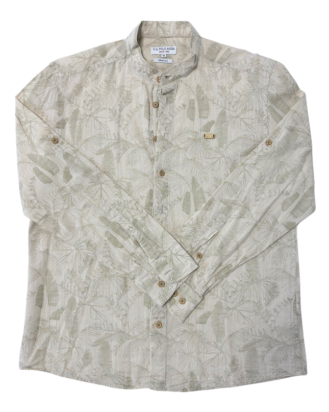 U.S. Polo Assn. Regular Fit Beige Tropical Print Long Sleeve Banded Collar Shirt