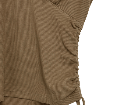 American Eagle Khaki Ribbed V-Neck Drawstring Ruched Short Sleeve Top