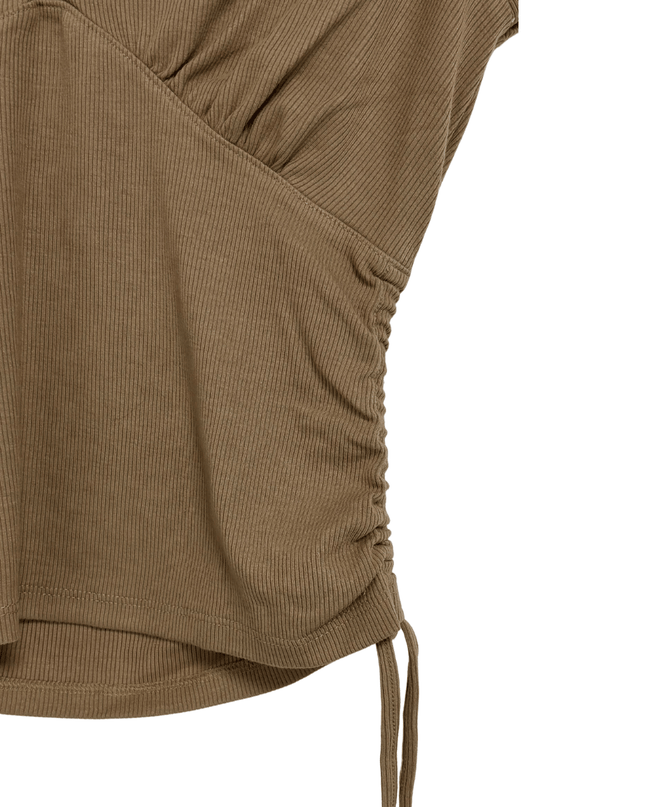 American Eagle Khaki Ribbed V-Neck Drawstring Ruched Short Sleeve Top