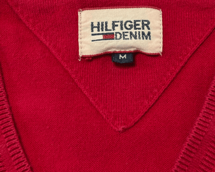 Hilfiger Denim Solid Red V-Neck Long Sleeve Knit Sweater