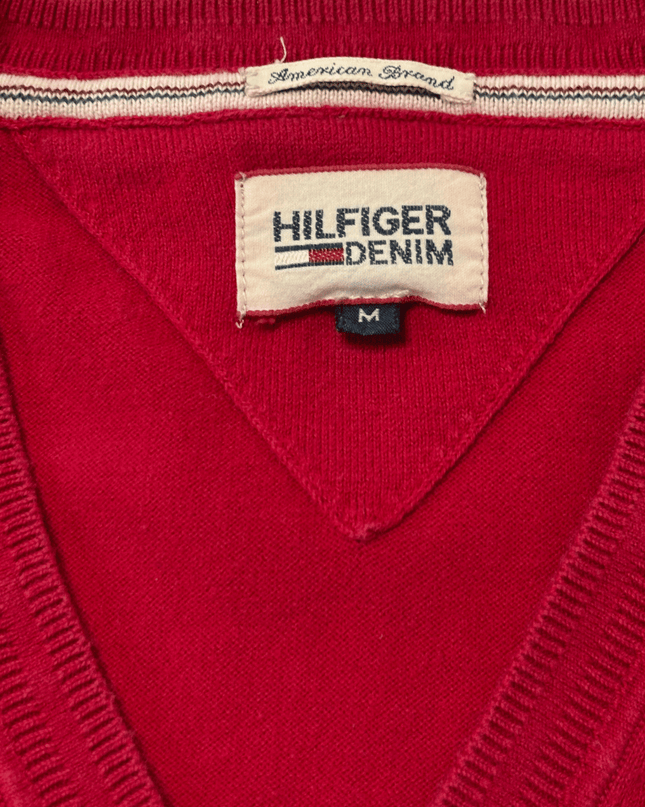 Hilfiger Denim Solid Red V-Neck Long Sleeve Knit Sweater
