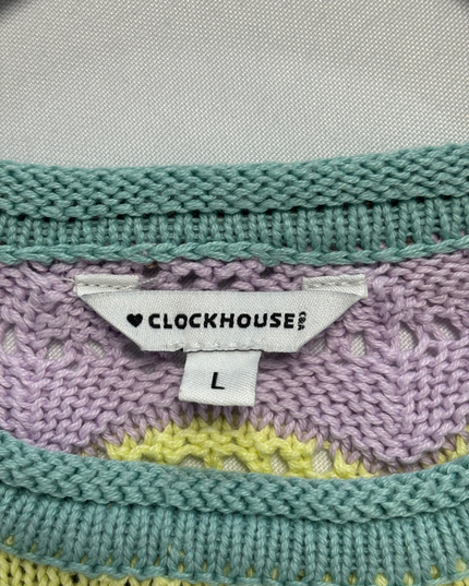 Clockhouse Pastel Rainbow Wavy Crochet-Style Pullover Knit Sweater – L