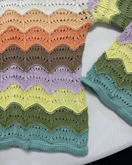 Clockhouse Pastel Rainbow Wavy Crochet-Style Pullover Knit Sweater – L