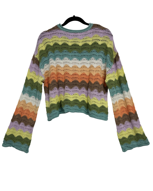 Clockhouse Pastel Rainbow Wavy Crochet-Style Pullover Knit Sweater – L