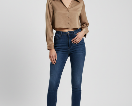 Zara Brown Cropped Button-Down Blouse