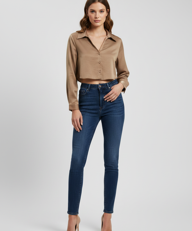 Zara Brown Cropped Button-Down Blouse
