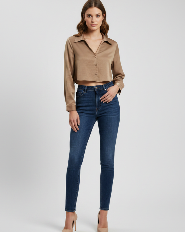 Zara Brown Cropped Button-Down Blouse