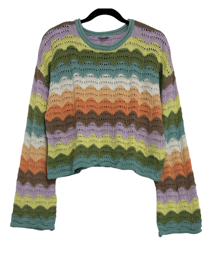 Clockhouse Pastel Rainbow Wavy Crochet-Style Pullover Knit Sweater – L