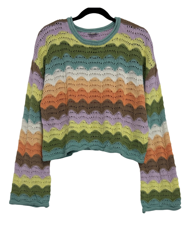 Clockhouse Pastel Rainbow Wavy Crochet-Style Pullover Knit Sweater – L