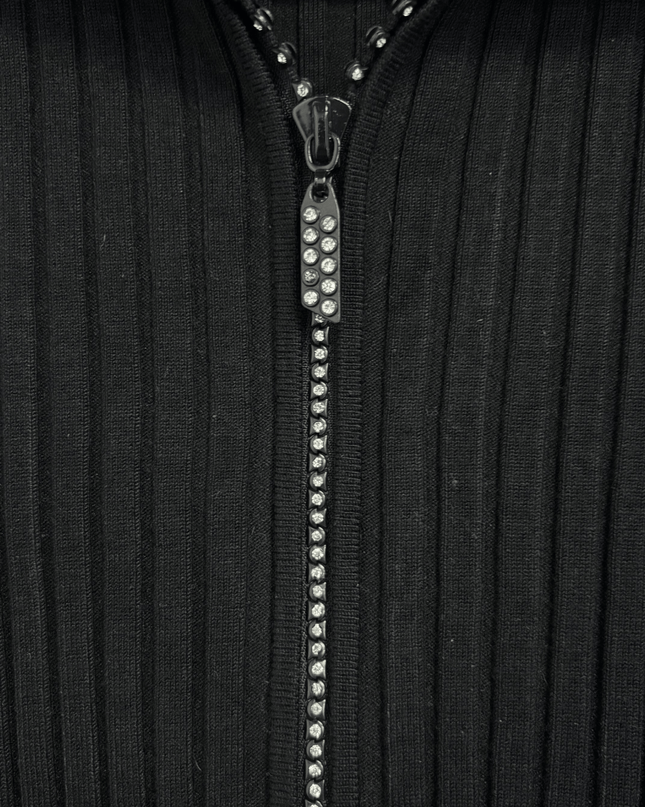 Belldini Black Ribbed Rhinestone Zipper Cardigan
