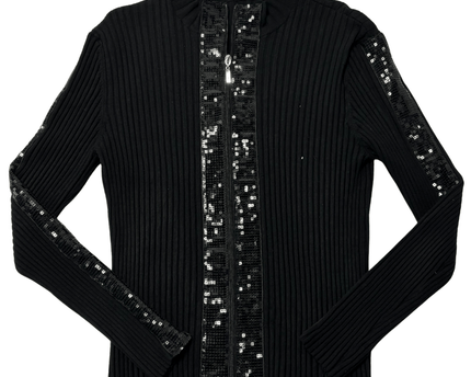 Black Ribbed Sequin Detail Zip-Up Cardigan