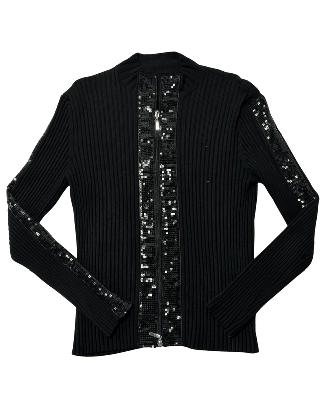 Black Ribbed Sequin Detail Zip-Up Cardigan