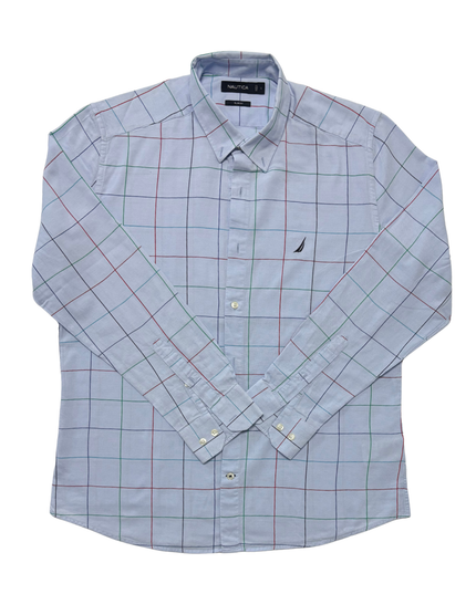 Nautica Slim Fit Light Blue Multi-Color Windowpane Check Shirt - L