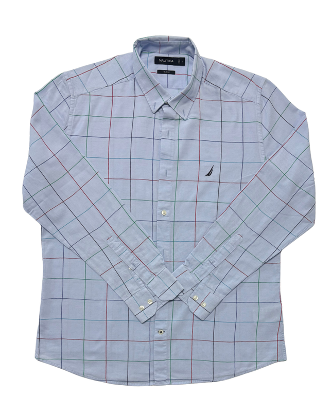 Nautica Slim Fit Light Blue Multi-Color Windowpane Check Shirt - L