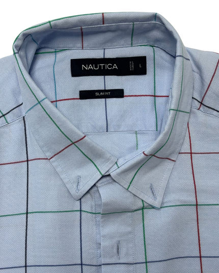 Nautica Slim Fit Light Blue Multi-Color Windowpane Check Shirt - L