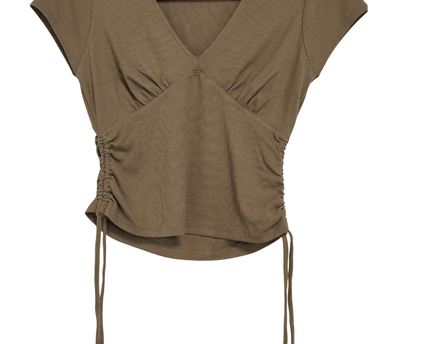 American Eagle Khaki Ribbed V-Neck Drawstring Ruched Short Sleeve Top