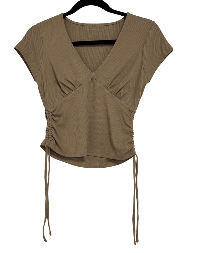 American Eagle Khaki Ribbed V-Neck Drawstring Ruched Short Sleeve Top