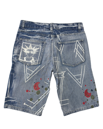 J&J Jeans Graphic Printed Blue Denim Shorts - L | Waist: 34"