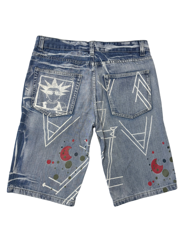 J&J Jeans Graphic Printed Blue Denim Shorts - L | Waist: 34"
