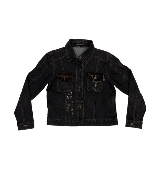 Frilli Exchange Velvet Pocket Washed Black Coin Chain Denim Jacket - M