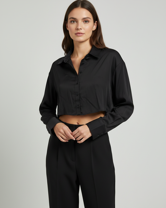 Zara Black Cropped Button-Down Long Sleeve Shirt