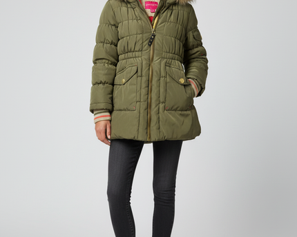 London Fog Olive Green Hooded Puffer Jacket with Faux Fur Trim