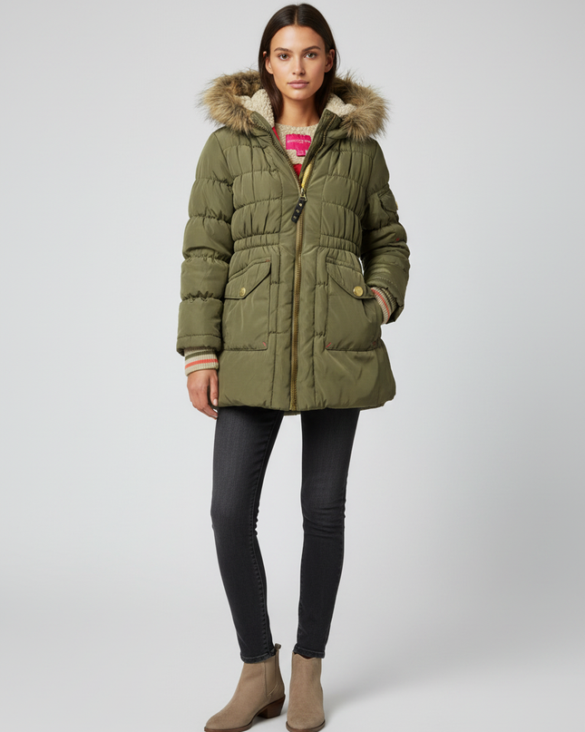 London Fog Olive Green Hooded Puffer Jacket with Faux Fur Trim