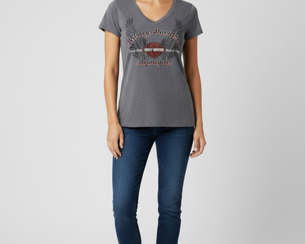 Harley Davidson Grey V-Neck Graphic Wings Tee