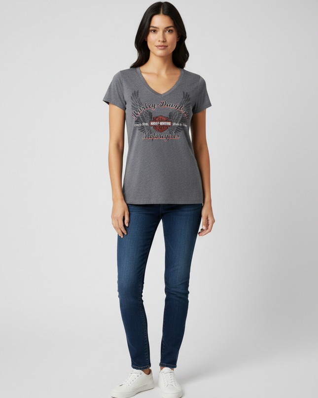 Harley Davidson Grey V-Neck Graphic Wings Tee