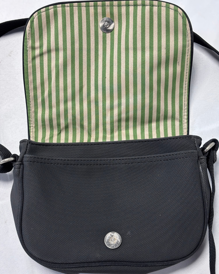 Lacoste Small Black Nylon Green Stripe Lining Flap Crossbody Bag