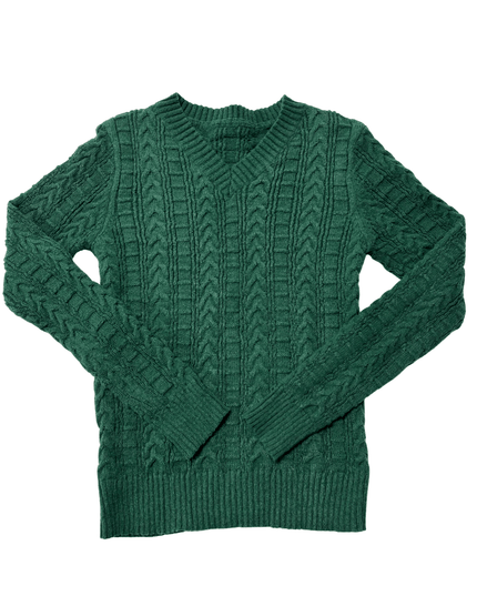Vintage Forest Green Cable Knit V-Neck Sweater