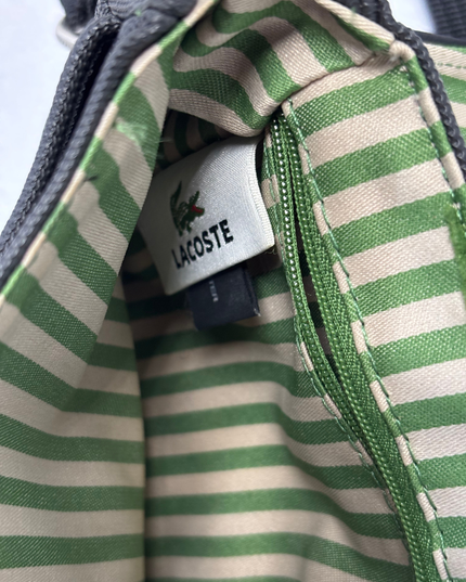 Lacoste Small Black Nylon Green Stripe Lining Flap Crossbody Bag