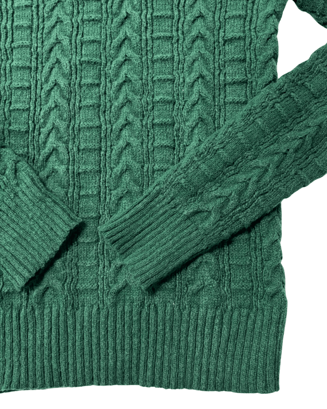 Vintage Forest Green Cable Knit V-Neck Sweater
