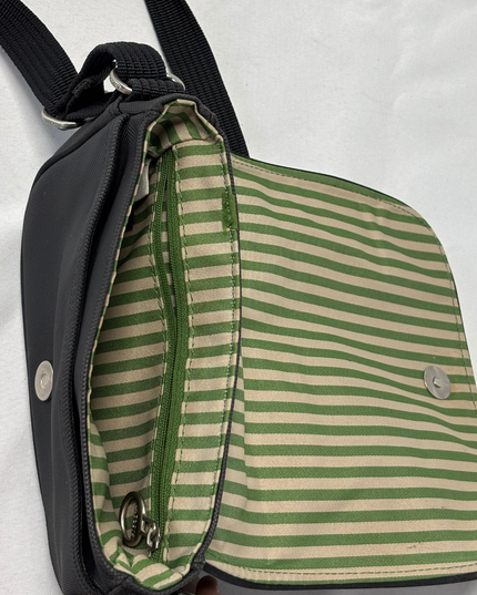 Lacoste Small Black Nylon Green Stripe Lining Flap Crossbody Bag