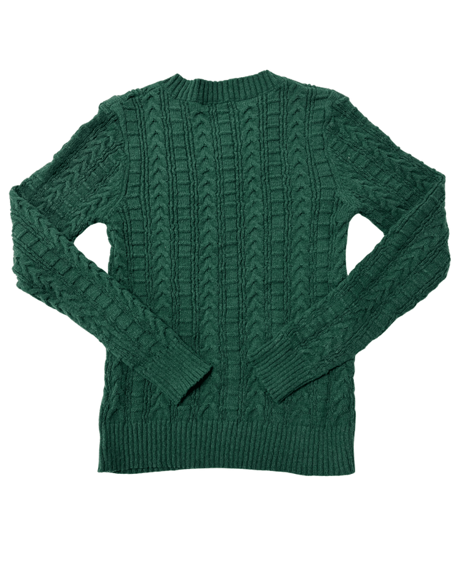 Vintage Forest Green Cable Knit V-Neck Sweater