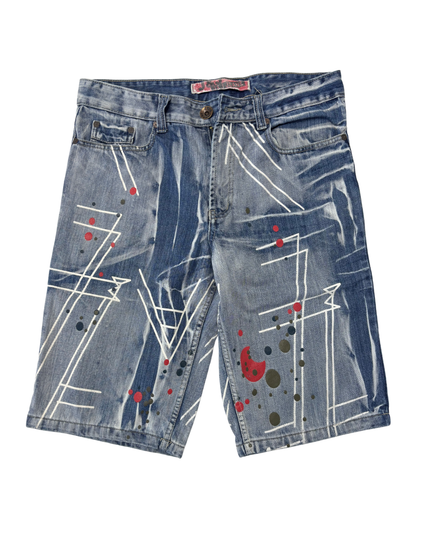 J&J Jeans Graphic Printed Blue Denim Shorts - L | Waist: 34"