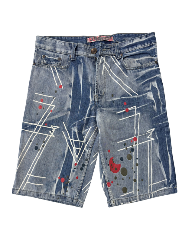 J&J Jeans Graphic Printed Blue Denim Shorts - L | Waist: 34"