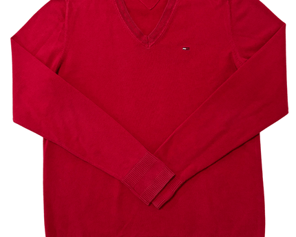 Hilfiger Denim Solid Red V-Neck Long Sleeve Knit Sweater
