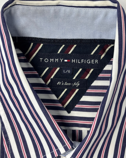 Tommy Hilfiger Navy Blue & Red Striped Long-Sleeve Dress Shirt